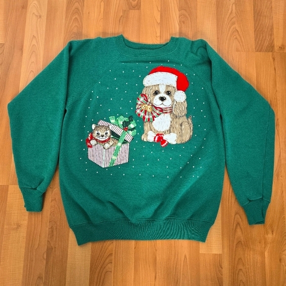 Hanes‎ Vtg 90s Christmas Fleece Sweatshirt Women's L Kitten Puppy Ugly Sweater - Picture 1 of 11